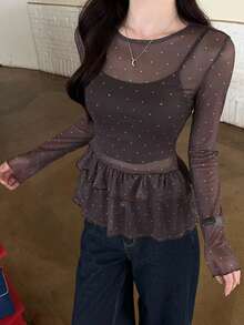 DAZY Women's Casual Sheer Polka Dot Print Long Sleeve T-Shirt,Going Out Tops For Women - White - View 1