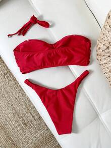 Swim Vcay 2pcs/Set Solid Color Ruched Decor Bandeau Bikini Set, Sexy Women Swimsuit For Spring/Summer Vacation Strapless Bikini Set Vacation Bikini Set Red Bikini Set Solid Color Bikini Set Tube Top With Bra Bandeau Bikini Top Strapless Shirts Strapless Bikini Tops Tube Top Bikini - Red - View 2