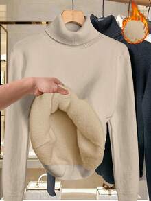 SHEIN LUNE كنزة صوفية نسائية كبيرة الحجم بلون أحادي ذات رقبة عالية وأكمام طويلة من الفليس، موسم الخريف/الشتاء - لون مشمشي - مشاهدة 2