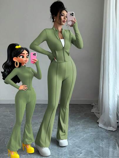 Gloray Women's Tight-Fitting Zip-Up Cropped Top Jacket & Flared Pants 2 Pieces Set