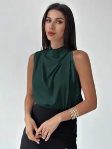 Firerie 女士优雅时尚新款通勤办公日常度假音乐节不对称褶皱杏色衬衫，春夏款 - 墨綠色 - 查看 3