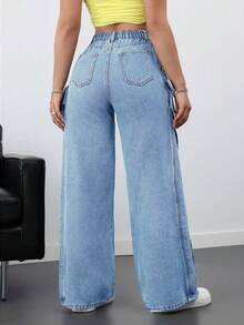 SHEIN Tall 女士休闲宽松系带牛仔裤，蓝色 - 淺色水洗藍 - 查看 3
