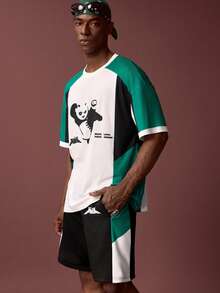 SHEIN Kung Fu Panda Men's Casual Panda Print Contrast Color Round Neck Short Sleeve T-Shirt And Shorts Set, Summer - Multicolor - View 3