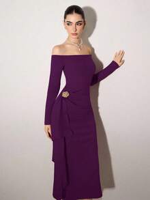 Modelyn 1pc Women's Off-Shoulder Metal Buckle Midi Dress - Purple - View 4