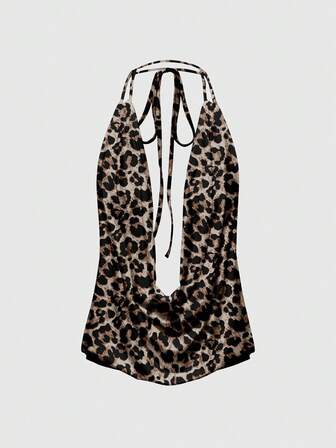 Grunge Punk Camiseta sin espalda con escote pronunciado y lazo en estampado de leopardo sexy para mujeres
