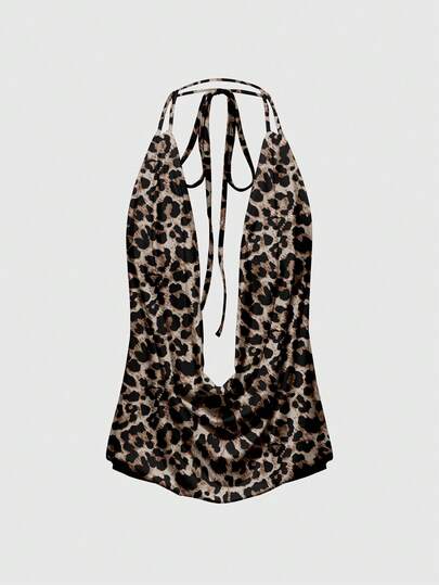Grunge Punk Sexy Leoparden-Muster Camisole mit tiefem Ausschnitt, rückenfreiem Design und Schleife für Frauen