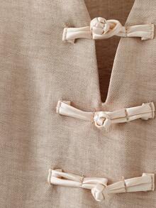 Linhara 大码女式梭织常规早春休闲/工作V领纽扣卡其色短袖衬衫和黑色阔腿裤两件套 - 彩色 - 查看 4