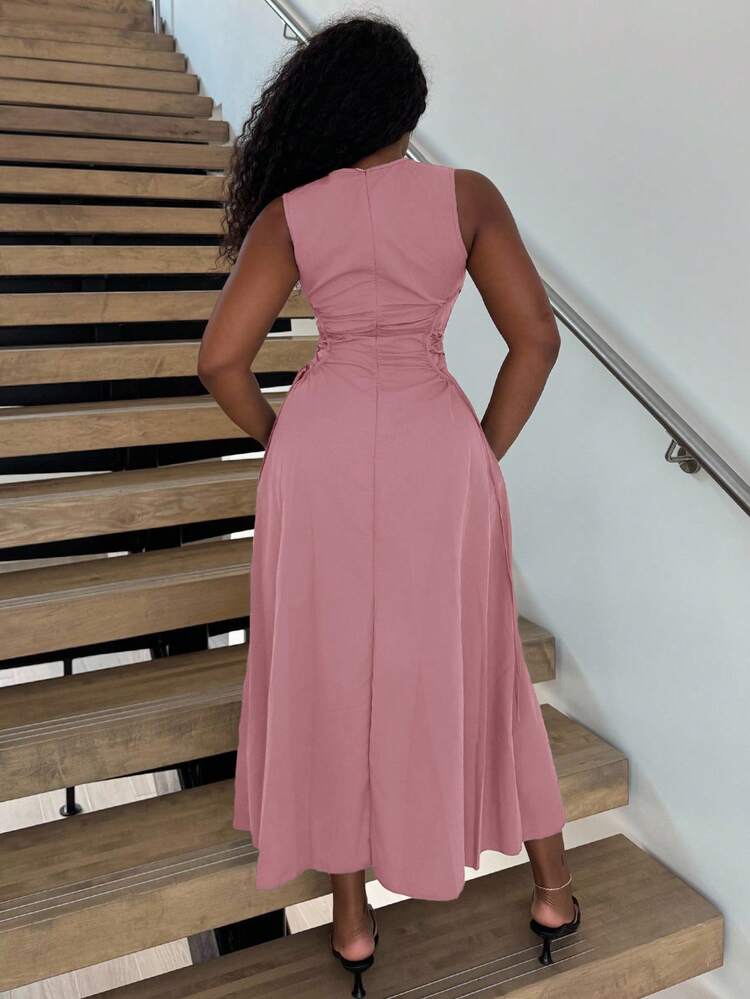 Alexandranx Vestido largo negro para una cita nocturna con detalle plisado sólido en el lateral cruzado y escote de frenillo - Rosa - Añade 2