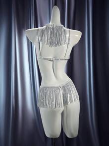 MidnightGlam 3pcs Midnight Glam Silver Tassel Crop Top, G-String & Choker Sexy Lingerie Set For Women