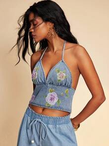 Travachic 女士休闲性感度假风印花露背系带短款吊带背心，夏季 - 中等水洗藍 - 查看 3