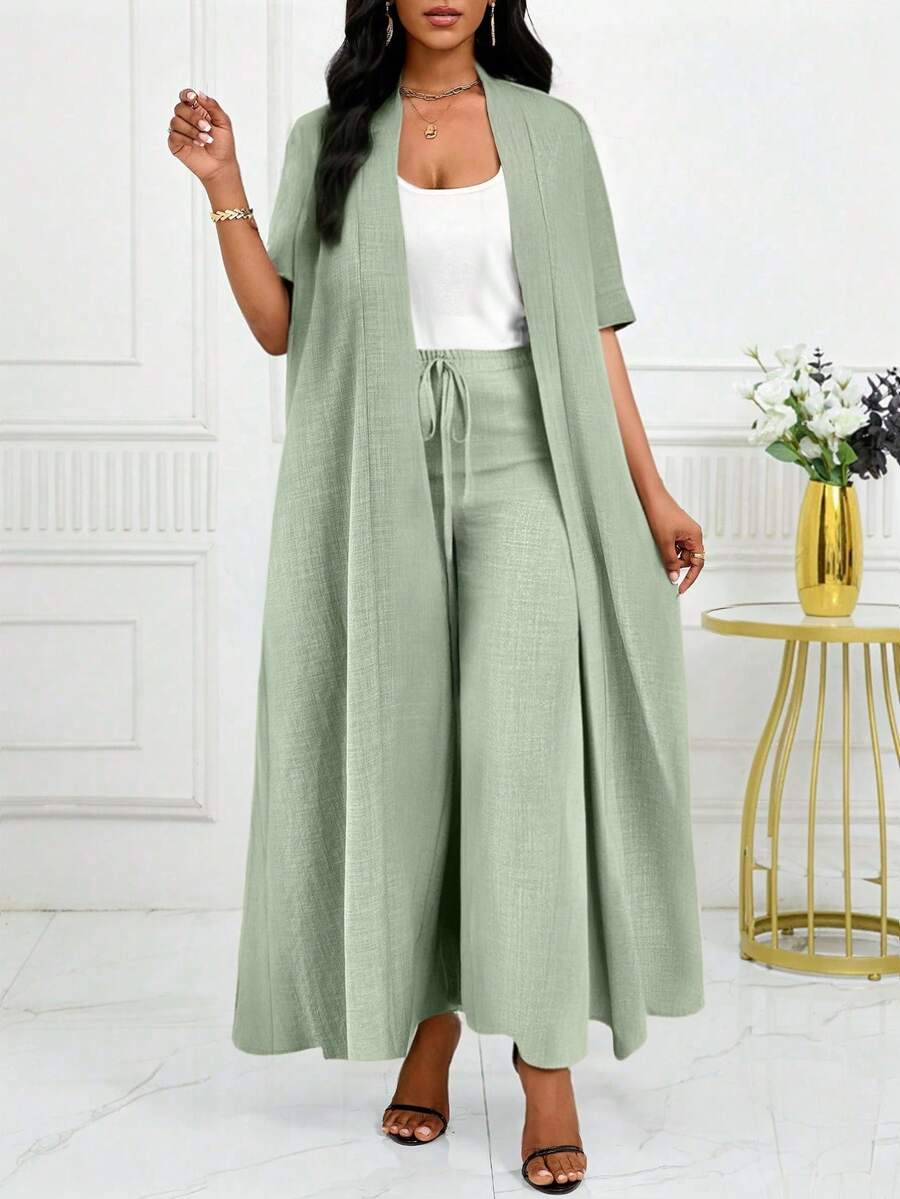 SHEIN Lady Bộ đồ đôi 2 mảnh dành cho nữ cỡ lớn, màu trơn, tay ngắn, gồm áo choàng và quần dài thắt eo, kiểu dáng thường ngày.