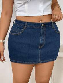 Sunnyshic Plus Size Women Pockets Vintage Blue Denim Skirt Pants - Blue - View 5
