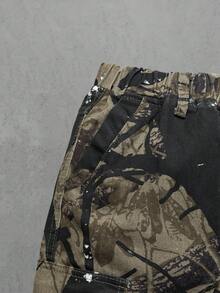 男童时尚迷彩印花牛仔裤，适合所有季节，休闲校园穿着，松紧腰带，工装口袋，宽松版型牛仔裤 - 卡其色 - 查看 8