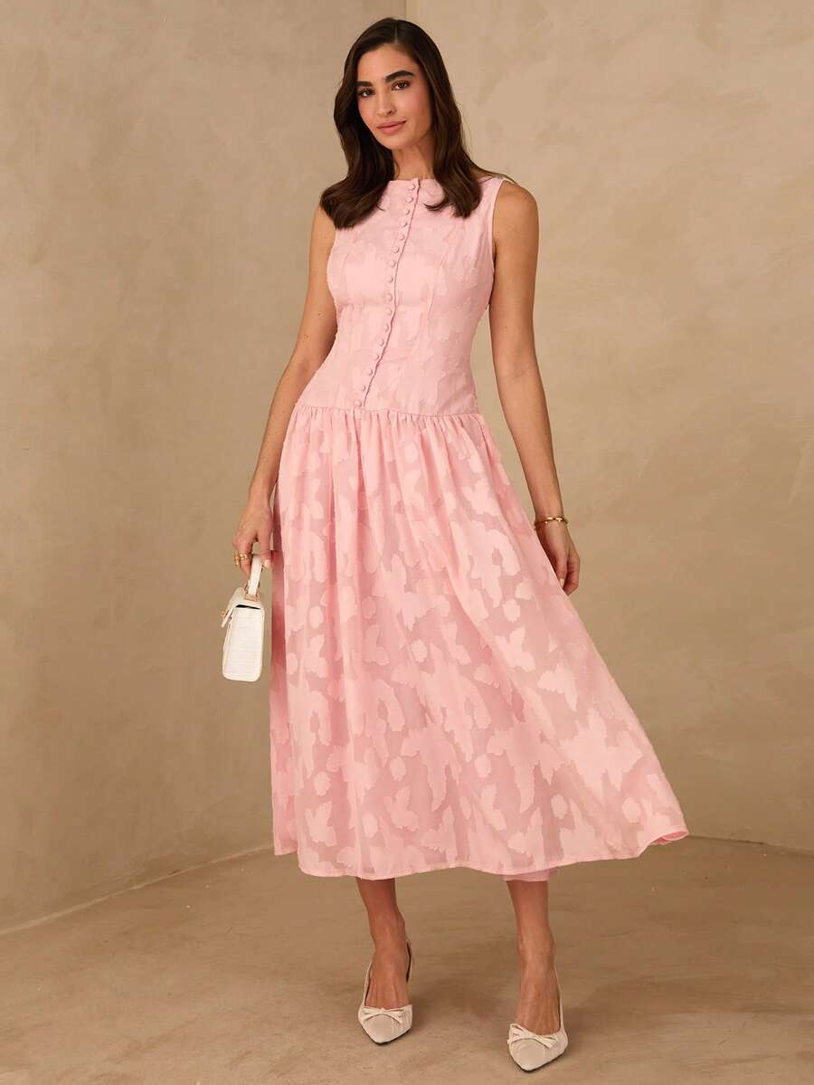 Enchnt Spring/Summer Romantic Women's Pink Jacquard Sleeveless Long Dress,Sweet&Elegant For Vacation&Date&Holiday&Going Out&Valentine's Day,Spring Outfit Women - Pink - View 1