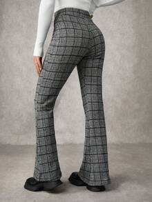EURMUSE Women's Plaid Print Flare Leg Elastic Waist Elegant Commuter Pants - Grey - View 2