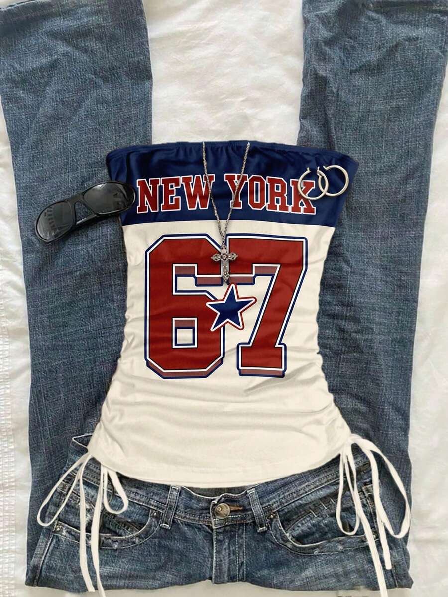 Attitoon 女士休闲抽绳系带露脐吊带背心，数字67印花，适合夏季穿着 - 彩色 - 查看 1