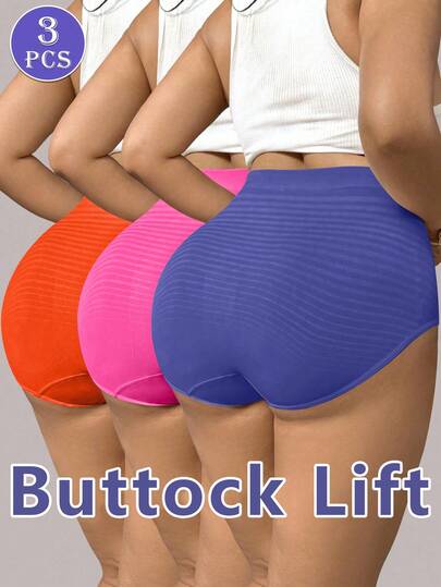 NudeFit 3PCS Women Plus Size Comfy Stretch High Waisted Striped Seamless Full-Coverage Panties