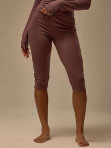 MUSERA ESSENTIALS 修身弹力腰棉质七分裤，仅下装，冬季舒适居家休闲必备单品，可爱日常休闲必备 - 巧克力棕 - 查看 2