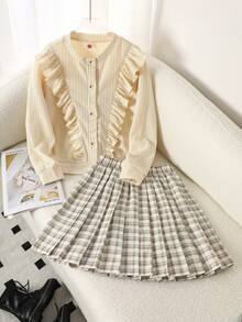 Elladie kids Tween Girls Fashionable Sweet School Style Floral Ruffle Long Sleeve Top Paired With Plaid Pleated Skirt, Casual Minimalist Apricot Jacket Set - Apricot - View 4