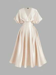 SHEIN MOD Plus Size Solid Color V-Neck Ruched Waist Elegant Satin Dress Summer Dress Wedding Guest Dress For Women Birthday Dresses For Women Elegant Dresses For Women Elegant Commuter Dress Satin Midi Dress Elegant Midi Dress Champagne Women Dresses Tea Length Dress Silk Dresses,Valentine's Day Dress