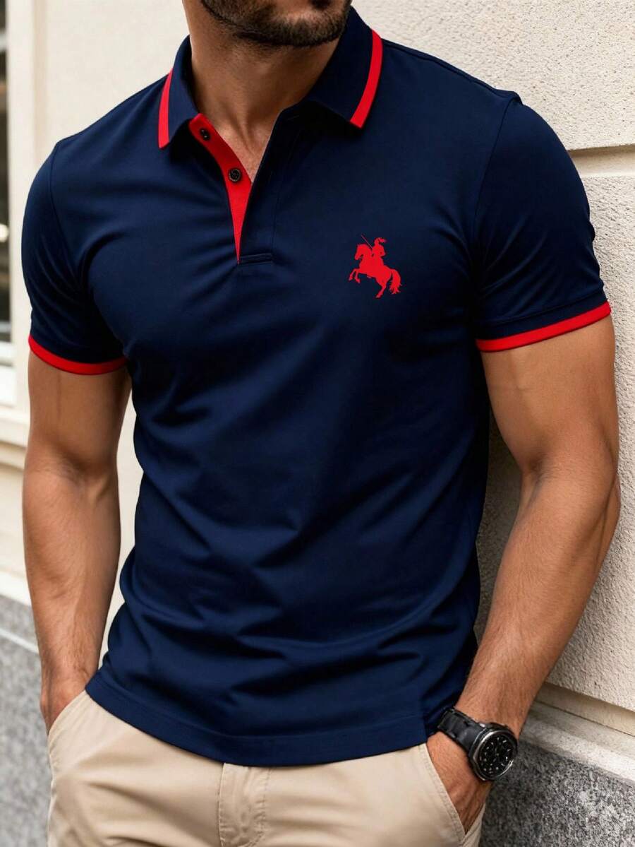 Manfinity Dauomo 男士Polo衫，简约商务风，撞色设计，图案印花，适合户外、办公穿着，经典骑士印花设计 - 藏蓝色 - 查看 1