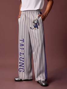 SHEIN Kung Fu Panda Men's Striped & Cartoon Pattern Slant Pocket Sweatpants - Grey - View 1