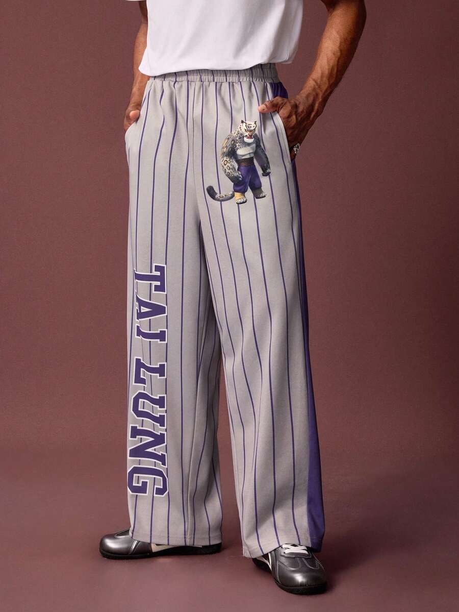SHEIN Kung Fu Panda Men's Striped & Cartoon Pattern Slant Pocket Sweatpants - Grey - View 1