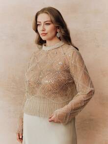 Anewsta Blusa de manga larga con cuentas de lujo y alta gama para mujeres de talla grande, adecuada para eventos formales - Albaricoque - Ver 6