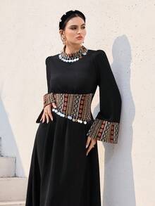 Al Najma Women's Bohemian Vacation Style Patchwork Geometric Print Sequin Decor Flare Sleeve Cinched Waist Arabic Traditional Long Dress Kaftan Jalabiya Dress  Arabic-Style Long Kaftan Robe, Arabic Women's Dress, Turkish Dress, Abaya Robe, Traditional Women's Dress Arabic Style Long Dress Kaftan Jalabiya Dress Arabic Dress For Women Turkish Dress Abaya Dress Abaya For Women - Black - View 5