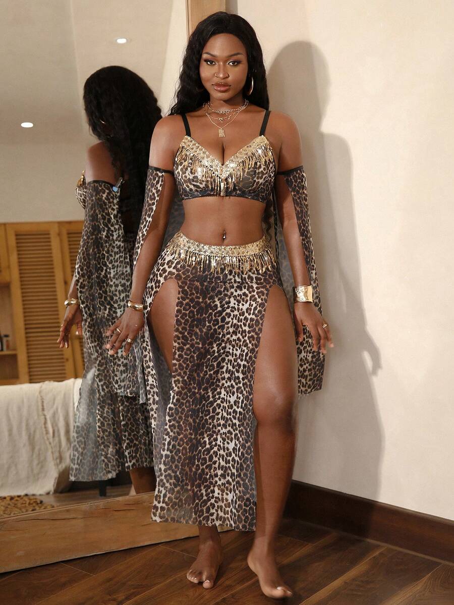 5 st Plus Size Leopardmönstrade Lingerieset med Paljetter och Tofsar för Dam - Multifärgad - Visa 1