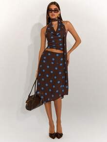 SHEIN BAE Chân váy họa tiết chấm bi thanh lịch, vạt bất đối xứng, thích hợp cho mùa hè. - màu nâu - Xem 1