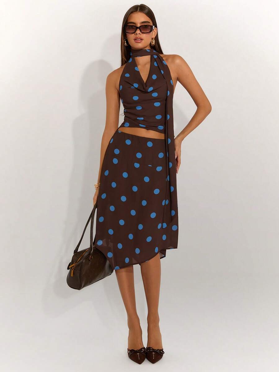 SHEIN BAE Chân váy họa tiết chấm bi thanh lịch, vạt bất đối xứng, thích hợp cho mùa hè. - màu nâu - Xem 1
