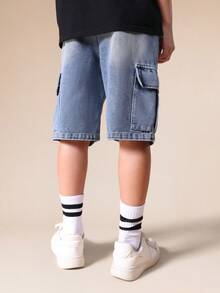 SUMWON Boys Denim Cargo Bermuda Jorts With Multiple Cargo Pockets Mid Wash Summer Casual Knee Length Shorts - Medium Wash - View 2