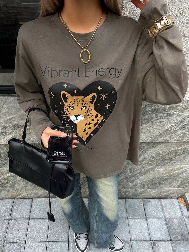 Women's Casual Heart & Cheetah Print T-Shirt, Autumn Long Sleeve