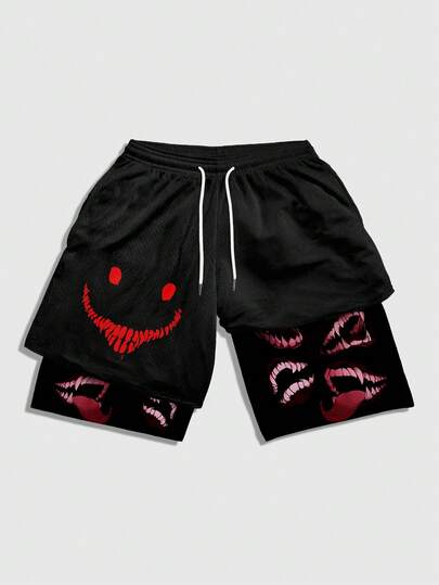 ROMWE MEN Goth Contrast Color Elastic Waist Drawstring Casual Summer Versatile Shorts