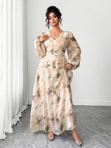 Elenzga 大码女式雪纺扎染印花V领长袖连衣裙，优雅适合约会和外出穿着 - 杏色 - 查看 4