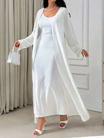 EURMUSE Maxi Slip Dress Set, Matching Kimono Cover-Up, Pearl-Embellished Cuff Detail, Elegant Evening Look, Soft Flowy Fabric, Timeless Ivory Tone, Feminine Chic, Comfortable Glam, Versatile Occasionwear