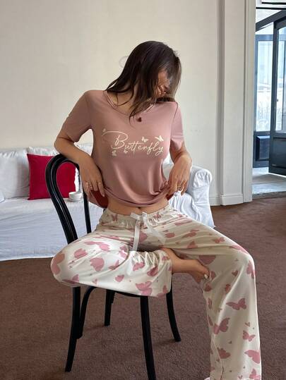 Dream Adore Conjunto de pijama de manga corta con estampado de mariposa y letras para mujer