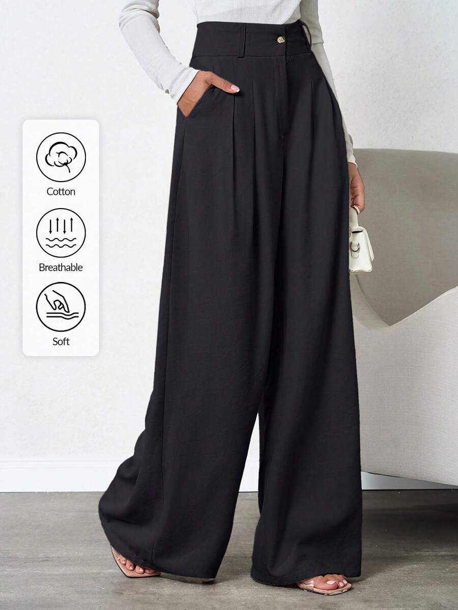 SHEIN 100% bomull, svarta, djupt veckade linnebyxor för kvinnor, casual - Svart - Visa 1