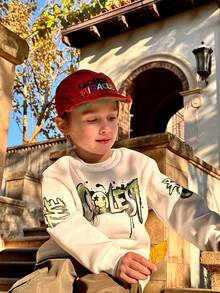 2 件套小男孩白色圆领长袖运动衫和绿色工装裤，街头涂鸦脸时尚装，适合所有季节 - 白色 - 查看 5