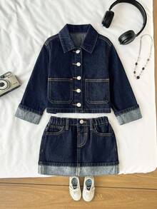 SHEIN 2pcs/Set Young Girl Navy Blue Denim Cropped Jacket And Mini Skirt - Dark Wash - View 5