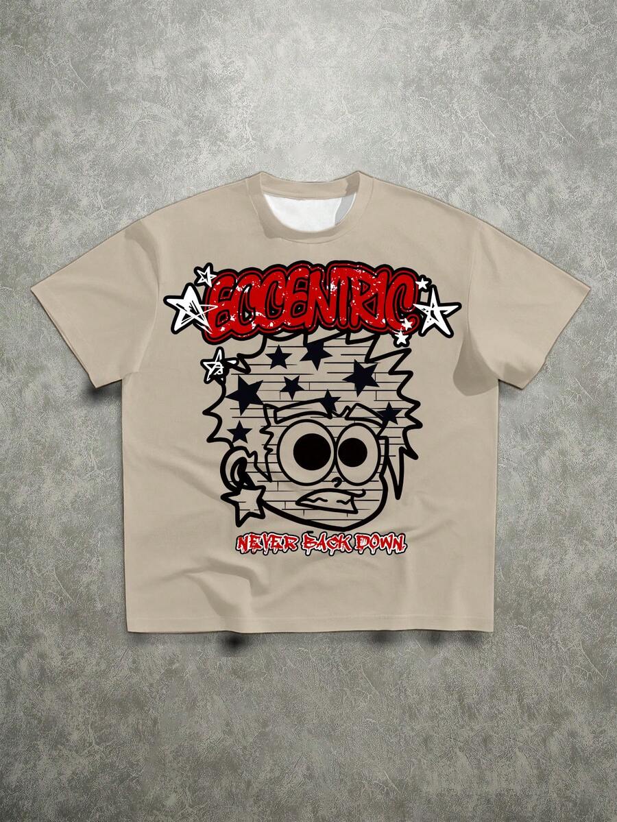 Manfinity ZONE917 Áo thun ngắn tay màu kaki chất lượng cao, dáng rộng, in hình hoạt hình graffiti đỏ trắng ngộ nghĩnh và ngôi sao. - Màu Khaki - Xem 1