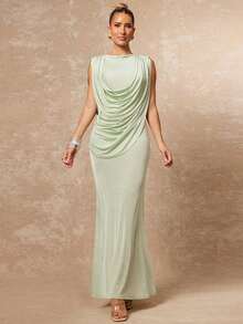 Lumalex Elegant Sage Green Summer Party Dress For Women,High-End Knitted Ruched Draped Waist Fitted Slim Luxury Gala Night Wedding Prom Graduation Gown - Olive Green - View 2