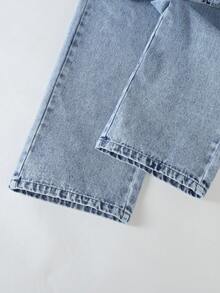 Elladie kids 少女Y2K风格宽松直筒牛仔裤，复古中蓝色牛仔布，面料柔软舒适，适合上学、通勤、日常穿着，时尚百搭，春夏秋冬皆宜。 - 淺色水洗藍 - 查看 4