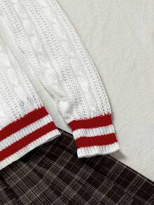 Coolane Áo len nữ dáng ôm mỏng tay dài, kiểu dáng sinh viên tối giản, màu đỏ sọc, thêu hình trái tim, cổ chữ V, thích hợp cho mùa thu/đông, cần mặc thêm lớp áo bên trong. - Nhiều màu - Xem 15