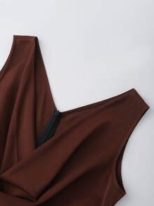 SHEIN Franclia 女士无袖连衣裙，简约办公装，后开衩，拉链闭合 - 棕色 - 查看 4