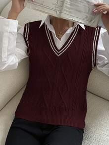 Zielony Women's V-Neck Knitted Vest Top, College Style, Autumn/Winter - Burgundy - View 6