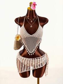 Amplova Set de 3 piezas: Vestido mini envolvente de crochet con escote halter y espalda descubierta - Albaricoque - Ver 2