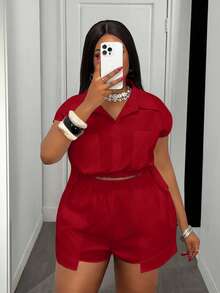 Slaydiva 复活节/西部/海滩/波西米亚/百搭日常休闲基本款优雅大码女式纯色口袋衬衫短裤套装两件套女式短款两件套夏季 - 紅色 - 查看 5