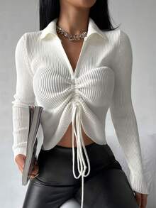 EURMUSE Drawstring Front Ribbed Knit Sweater - White - View 4